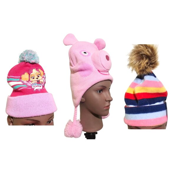 Girls Winter Hat Lot of 3 Peppa Pig Paw Patrol Skye Fleece Pom Striped Kids Pink - Picture 1 of 9